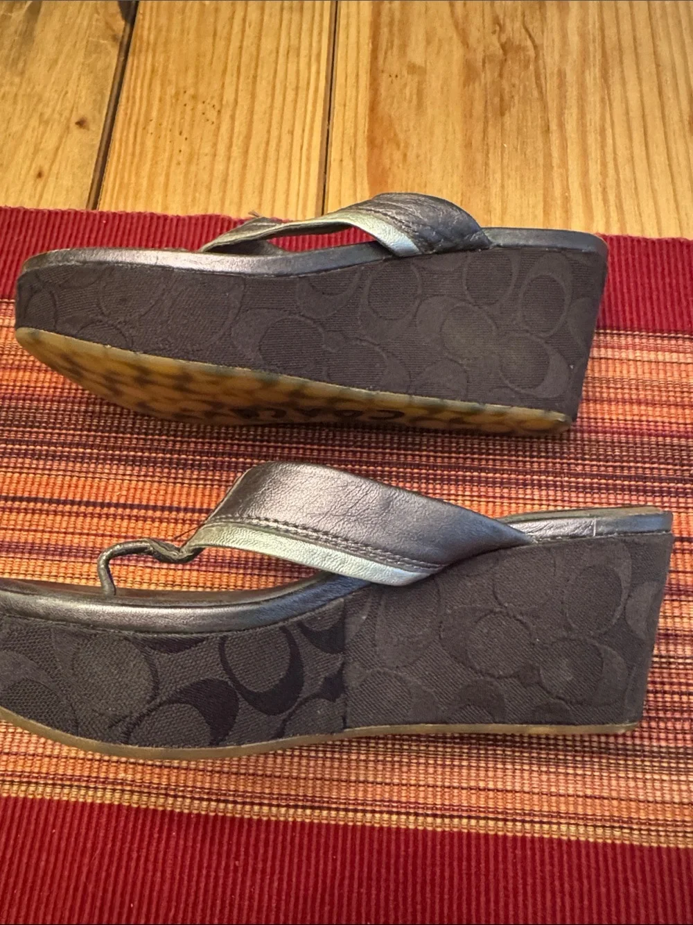 Coach Black and Silver Wedge Flip Sandals